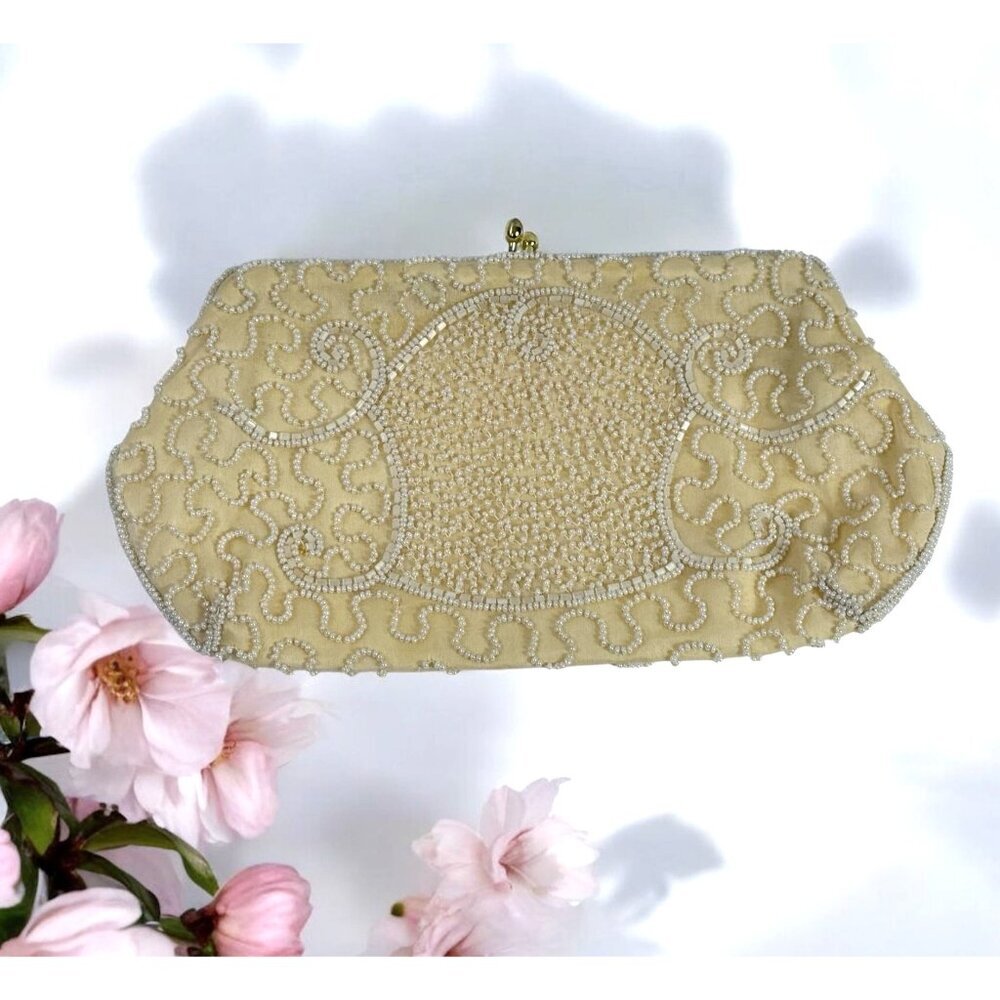 Vintage Walborg‎ Hand-Beaded Cream Evening Clutch Purse Made In Belgium Formal